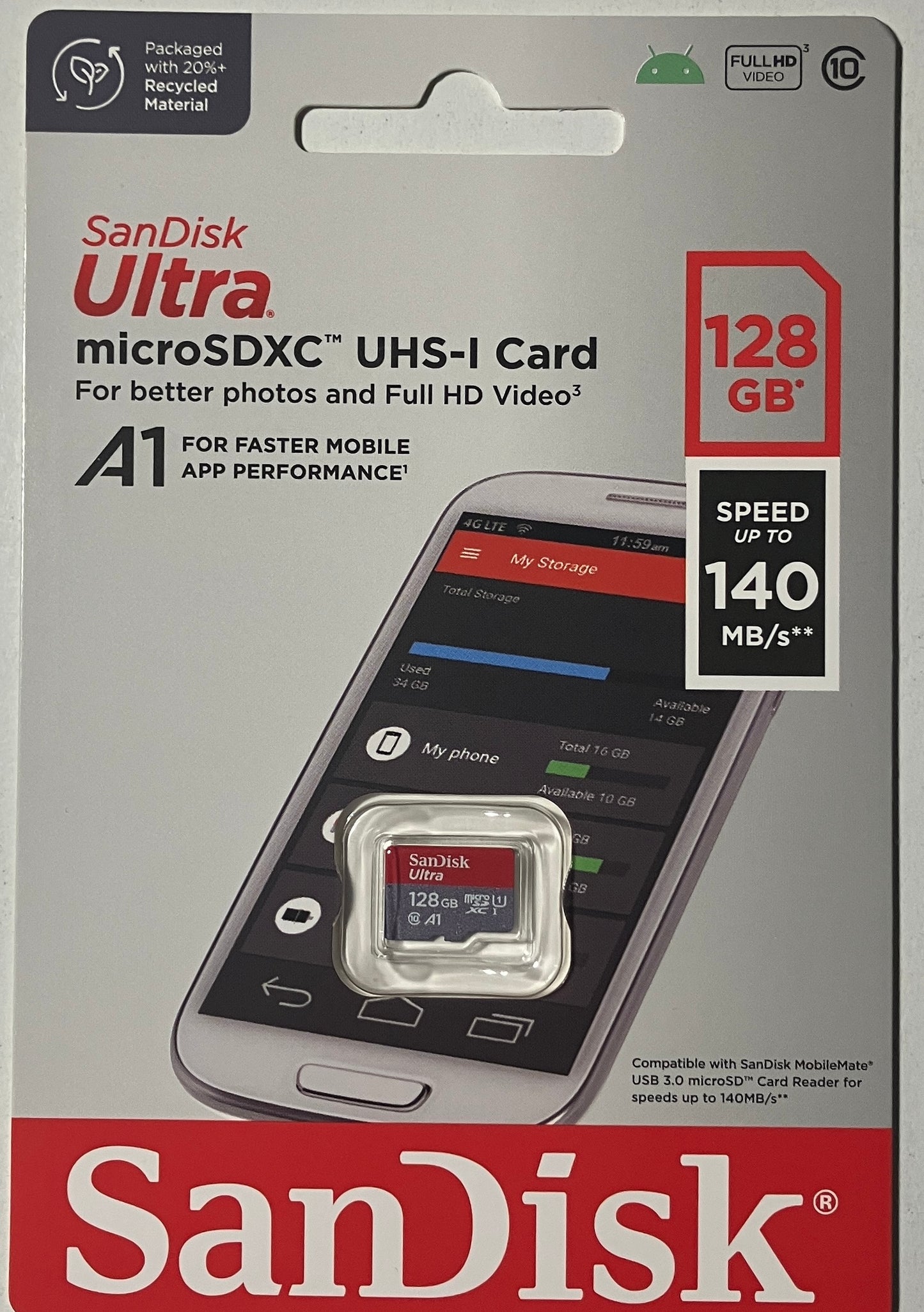 - SanDisk Ultra 128GB microSDXC microSD Card up 140 MB/s A1 App Performance UHS-I